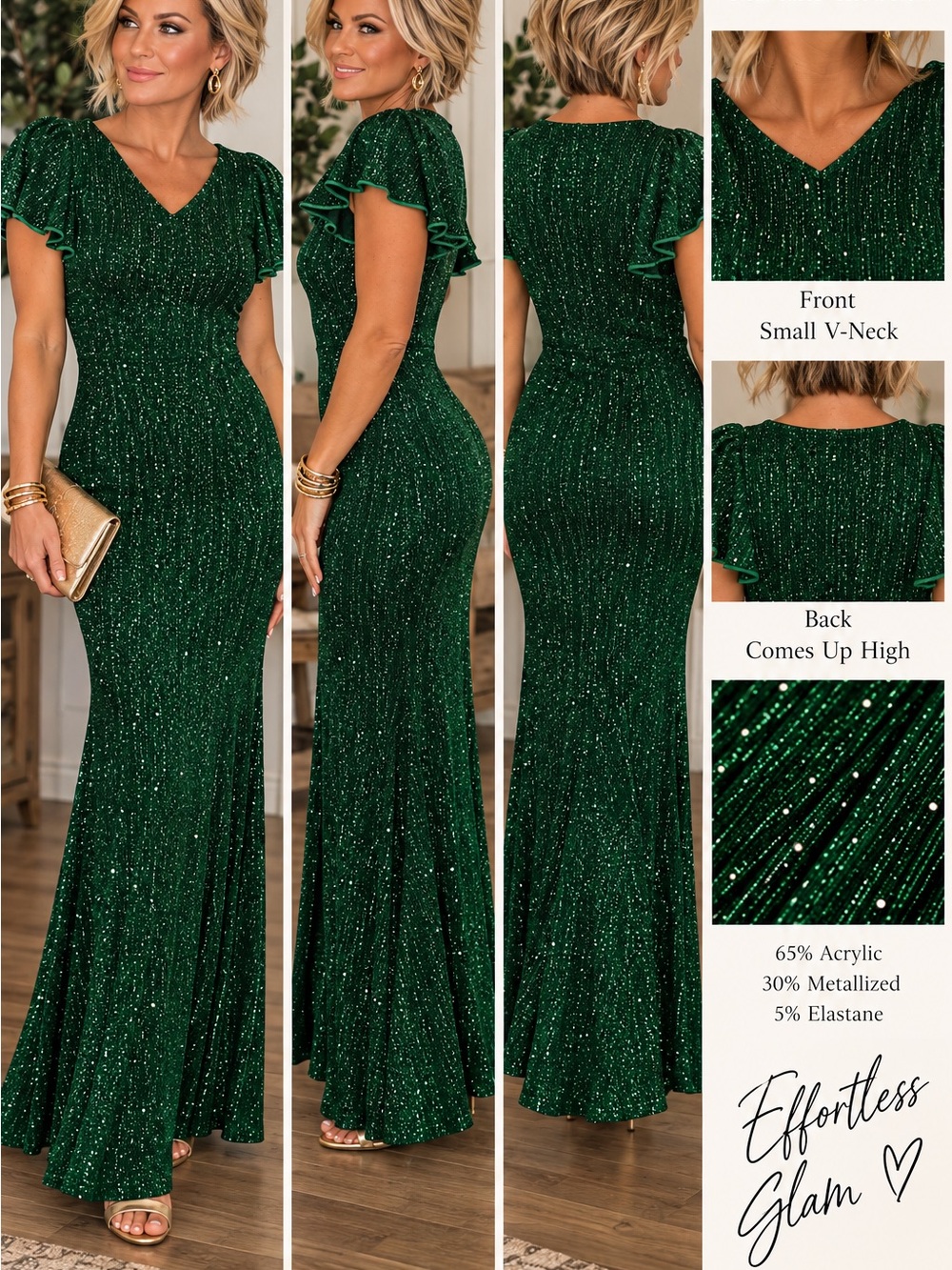 Effortless Glam Emerald Green V-Neck Maxi Dress with Flutter Sleeves